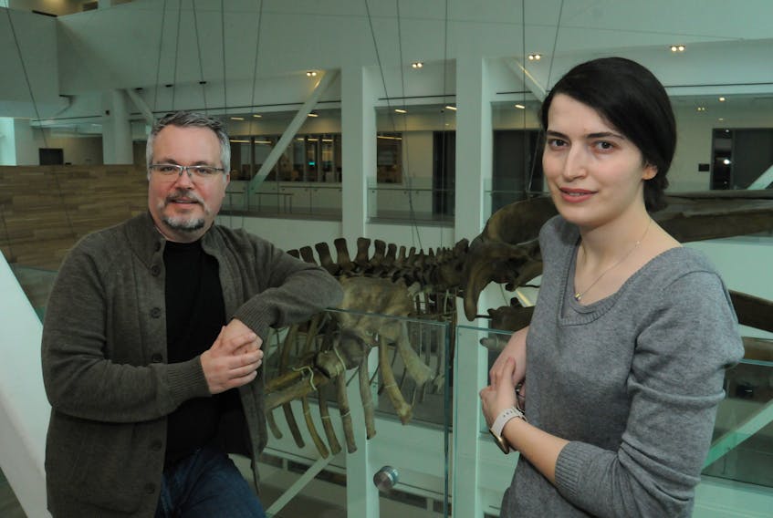 Memorial University professor Dr. Scott Harding poses with nutritional biochemistry masters student Roya Shamsi at the Core Science building on the St. John's campus, April 7.