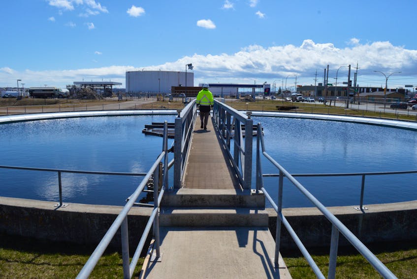 Richard MacEwen, manager of the Charlottetown Pollution Control Plant, walks to the centre of a settling pond, one of the last stops before treated wastewater filtered with UV light and released.