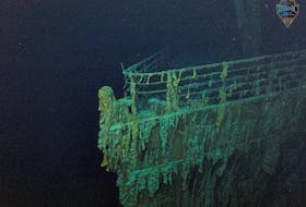 Bow of the Titanic 12,500 feet below the surface of the ocean. OceanGate Expeditions