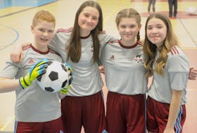 From left, Nora Rose, Georgia Wiseman, Audria Peddle and Charlotte Wareham, of the Corner Brook Minor Soccer Association, have been named to the Newfoundland and Labrador Girls Soccer team. The girls are seen here during a practice at the Corner Brook Civic Centre. STEPHEN ROBERTS 