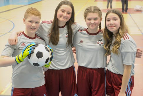 From left, Nora Rose, Georgia Wiseman, Audria Peddle and Charlotte Wareham, of the Corner Brook Minor Soccer Association, have been named to the Newfoundland and Labrador Girls Soccer team. The girls are seen here during a practice at the Corner Brook Civic Centre. STEPHEN ROBERTS 