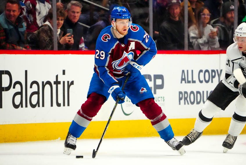Colorado Avalanche centre Nathan MacKinnon takes a pass in the first period against the Los Angeles Kings at Ball Arena in Denver, Colo., on Wednesday, April 13, 2022. - Ron Chenoy / USA TODAY Sports