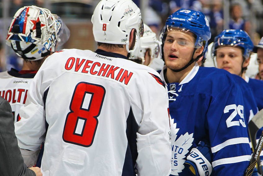 Alex Ovechkin receives congratulations from William Nylander after the Capitals eliminated the Leafs from the 2017 playoffs.