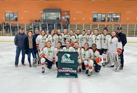 The Central Storm won the P.E.I. Under-15 AAA Female Hockey League championship on April 13. Team members of the Storm are, front row, from left: Kali MacDonald, Katelyn McInnes, Reese Baker, Ellie Mullins, Reegan MacCullum and Clara Chaisson. Back row: Calvin Larkin (assistant coach), Courtney Nicole (assistant coach), Calvin Chaisson (assistant coach), Olivia Lowe, Bella Fitzpatrick, Hannah Whalen, Emily Gardiner, Miah Lawlor, Taylor Hunter, Emily Lutley, Mya Larkin, Abby Dingwell, Jessi Doyle, Halle Blanchard and Blaine Fitzpatrick (head coach). Missing from photo are Mike Lutley (manager) and Belinda Dingwell (trainer).
