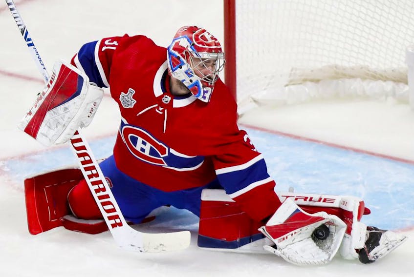 Montreal Canadiens Carey Price makes a save  during third period of Stanley Cup finals game against the ampa Bay Lightning in Montreal Friday July 2, 2021. (John Mahoney / MONTREAL GAZETTE) ORG XMIT: 66365 - 2407