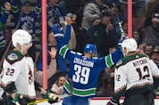  Alex Chiasson #39 of the Vancouver Canucks celebrates after scoring a goal against the Phoenix Coyotes react during the first period at Rogers Arena on April 14, 2022 in Vancouver.