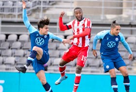 Atletico Ottawa's Malcolm Shaw heads the ball for the only goal of the match in a 1-0 win over HFX Wanderers on Satirday afternoon at TD Place. - CANADIAN PREMIER LEAGUE