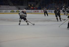 Charlottetown Islanders forward Xavier Simoneau, 81, controls the puck during a Quebec Major Junior Hockey League game at Eastlink Centre earlier this season. Simoneau recorded four points in the Islanders’ 5-3 road win over the Rimouski Oceanic in the Quebec Major Junior Hockey League on April 17.