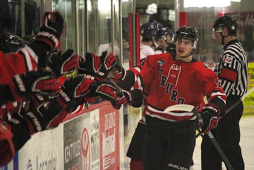 Luke Munroe celebrates with his Truro Bearcat teammates after scoring the first goal of Game 6 of the Maritime Junior Hockey League semifinal with the Valley Wildcats April 18 at the Kings Mutual Century Centre in Berwick.