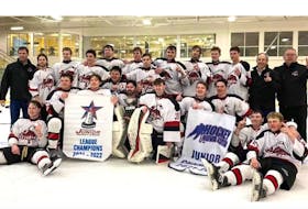 The Southwest Storm are the 2021/22 Nova Scotia Junior Regional Hockey League champions. From back row left to right: Assistant Coach Dwayne Nickerson, Kobe Jacklyn, Brady Nickerson, Cole Nickerson, Nathan Tufts, Tylan Foster, Nicholas Leblanc, Ethan Shand, Ethan Doucette, Ethan Brannen, Caelan Wallace, Coach Andrew Holland, Assistant Coach Tony Koziel. Front row: R: Jagger Kane, JJ Macphee, Tyson Peters, Miguel Deon, Tyler Lawson, Devon Nickerson, Zack Richardson, Kieran O'Connor, Nate Killiam and Zach Darcy. Missing from photo are Leon Bouchard, Simon Muise and Maxime Hanna. CONTRIBUTED