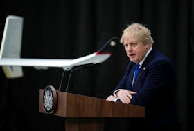 British Prime Minister Boris Johnson delivers a speech on immigration at Lydd Airport in Britain on April 14. Johnson and his Conservative party, criticized for scandals and policy decisions, are losing favour with the electorate. Matt Dunham/Pool via REUTERS