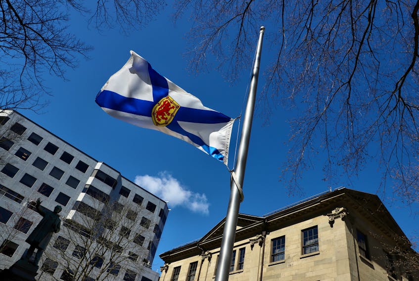 The Nova Scotia flag flies at half staff in front of province house in Halifax Monday, April 18, 2022 

TIM KROCHAK PHOTO