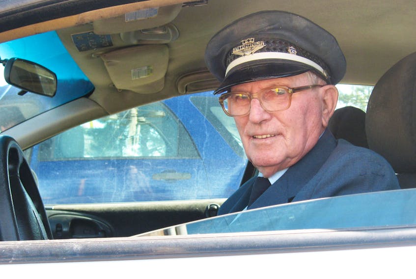 John MacLellan, 85, has been driving taxi in Antigonish for 60 years. Recently passing his family doctor's medical exam to continue driving anything from cabs to semis, John has put 5 million kilometres on his cars since 1945.
  April 25, 2007 - John MacLellan, 85, has been driving a taxi in Antigonish for 60 years. Recently passing his family doctor's medical exam to continue driving anything from cabs to semis, John has put five million kilometres on his cars since 1947. - Joel Jacobson
