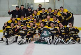 The Sherwood-Parkdale A&S Scrap Metal Metros pose for a team photo after winning the 2021-22 Island Junior Hockey League championship at the Evangeline Recreation Centre on April 17. The Metros defeated the Arsenault’s Fish Mart Western Red Wings 6-4 to sweep the best-of-seven series. 