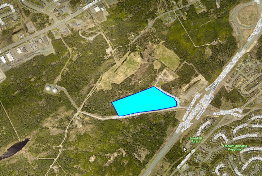 The proposed area for development is off the Team Gushue Highway in the woods off George’s Pond Road, a gravel road near Blackmarsh Road. - Screenshot