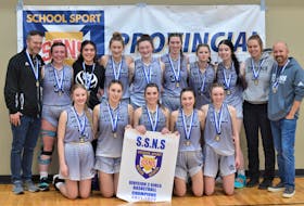 The Northeast Kings Education Centre (NKEC) Titans recently won the School Sport Nova Scotia Division 2 provincial girls’ basketball championship at Cole Harbour District High School. It was the first provincial championship since 2019-20, when the Titans finished second. This year, the Titans defeated Island View Consolidated 72-30 in quarter-final action, Amherst 69-32 in the semifinal and Breton Education Centre 71-50 in the final. Margo MacLeod, a Grade 11 student, led the Titans in the final with 24 points, including six three-pointers, while Rhya Wilson scored 16 points and Molly Steadman added 14. Team members, front row, from left, are Ava Sweet, Grace Walton, Margo MacLeod, Maddie Angermann and Kaila Smith. Second row, head coach Ross Bentley, Annie McGowan, Serena Fagan, Rhya Wilson, captain Molly Steadman, captain Kalle Porter, Sarah Suffron, Izzy Boyce and assistant coaches Kelsey Schofield and Ian Campbell.
