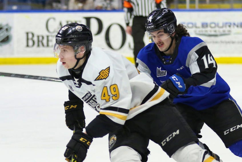 Cape Breton Eagles' Ivan Ivan, left, carries the puck as he chased by Saint John Sea Dogs' Ryan Francis during Quebec Major Junior Hockey League action at Centre 200 on Sunday. Saint John swept the weekend series with Cape Breton with 6-0 and 5-1 victories, respectively. CONTRIBUTED/MIKE SULLIVAN