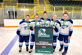 The 2021-22 edition of the Western Wind under-18 AAA female hockey team features five players from the Tyne Valley area who will have the opportunity to compete in the Atlantic championship tournament from April 21 to 24 in their home rink. They are, from left: Bailey Jones, Ella Collins, Amelia DesRoche, Chloe Gallant and Avery Noye. 