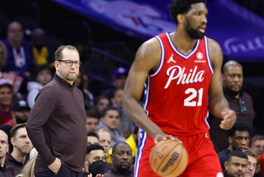 Head coach Nick Nurse of the Toronto Raptors looks on during the fourth quarter against the Philadelphia 76ers during Game Two of the Eastern Conference First Round at Wells Fargo Center on April 18, 2022 in Philadelphia, Pennsylvania. 