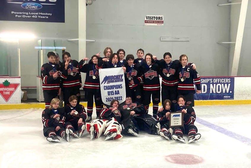 The Glace Bay Miners captured the Nova Scotia under-15 ‘AA’ provincial championship last week, defeating the Halifax Hawks 5-4 at the Al MacInnis Sports Centre in Port Hood. Members of the team, not in order, Kristian MacKenzie, Brycen Murphy, Carter Ford, Brody O’Handley, Chase Bresson, CJ McNeil-Peach, Morgan Neville, Lucas Woodland, Brody Walker, Stephen Mann, Brady Matheson, Sam Murphy, Kolby Leforte, Brandon MacNeil, Cohen MacNeil, and Kale MacDonald. Coaching staff include Daryl Babstock (head coach), Devon MacLean (assistant coach), Glenn Ford (assistant coach), Bobby O’Handley (assistant coach), Tyson Sheaves (assistant coach), and Tyrone Matheson (assistant coach, manager). PHOTO CONTRIBUTED.