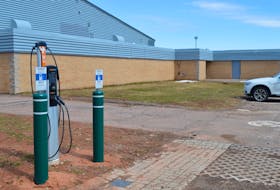 Electric vehicle charging stations sit outside Simmons Sport Centre in Charlottetown on April 12.