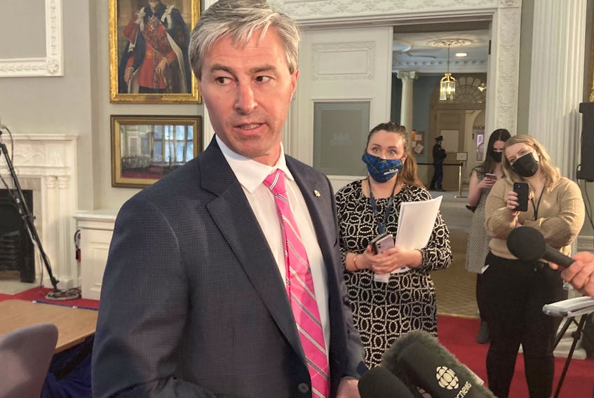 Premier Tim Houston said at Province House in Halifax on Tuesday, April 5, 2022, that it is not time to bring back COVID mandates, including a mask requirement. -- Francis Campbell photo