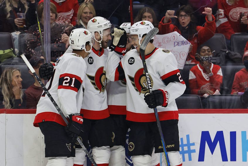 Ottawa Senators winger Austin Watson (16) celebrates his goal scored in the first period against the Detroit Red Wings at Little Caesars Arena.