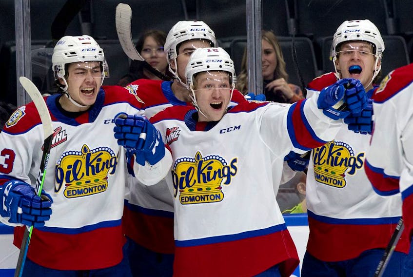 The Edmonton Oil Kings celebrate their second goal against the Brandon Wheat Kings during first period WHL action at Rogers Place, in Edmonton on Friday, Oct. 22, 2021. 