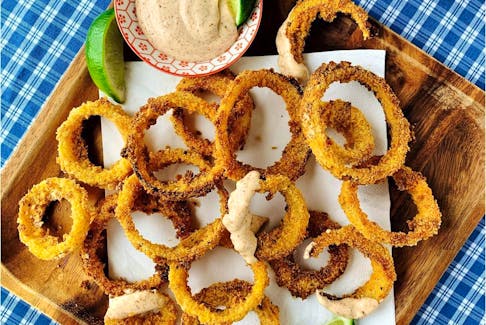 Crispy Baked Onion Rings with Chili Lime Mayo