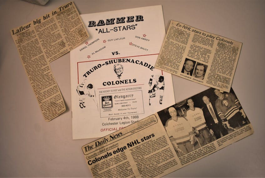 The program and a collection of Truro News and Chronicle Herald articles about Guy Lafleur and the Rammers’ game in Truro, from February of 1988.