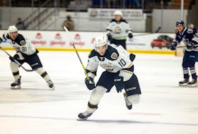 Charlottetown Islanders forward and captain Brett Budgell in action against the Rimouski Oceanic in a Quebec Major Junior Hockey League game at Eastlink Centre on April 22. Budgell scored an important short-handed goal in the Islanders’ 5-3 victory. Darrell Theriault Photo/Charlottetown Islanders