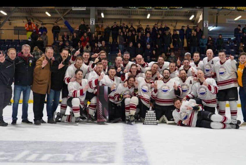 The Southern Shore Breakers swept the Clarenville Caribous 4-0 in the Avalon East Senior Hockey League finals to win the Herder Memorial Trophy. Photo courtesy Nathan Ryan/Facebook