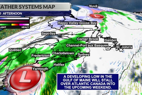 A developing low over the Gulf of Maine will stall over the region for several days.