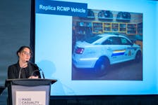 Commission counsel Amanda Byrd  presents information about the police paraphernalia used by Gabriel Wortman, at the Mass Casualty Commission inquiry into the mass murders in rural Nova Scotia on April 18/19, 2020, in Halifax on Monday, April 25, 2022. Wortman, dressed as an RCMP officer and driving a replica police cruiser, murdered 22 people. THE CANADIAN PRESS/Andrew Vaughan