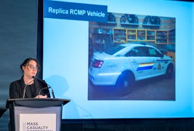 Commission counsel Amanda Byrd  presents information about the police paraphernalia used by Gabriel Wortman, at the Mass Casualty Commission inquiry into the mass murders in rural Nova Scotia on April 18/19, 2020, in Halifax on Monday, April 25, 2022. Wortman, dressed as an RCMP officer and driving a replica police cruiser, murdered 22 people. THE CANADIAN PRESS/Andrew Vaughan