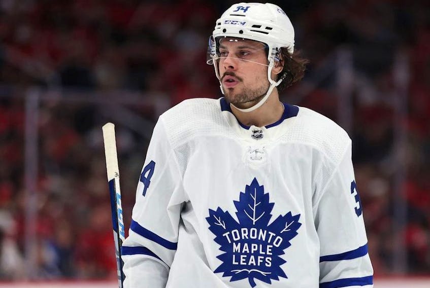 Auston Matthews of the Toronto Maple Leafs looks on against the Washington Capitals during the first period at Capital One Arena on April 24, 2022 in Washington, DC.