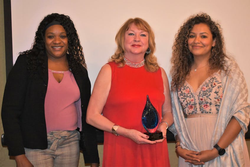 Truro and Colchester Chamber of Commerce awarded Dianne Kelderman with its prestigious Lifetime Achievement award during the April 21 gala. Pictured with Kelderman following the event are director for the Chamber board Kenisha McMaster (left) and Saribel Deslauriers who is the marketing and event co-ordinator of the Downtown Truro Partnership.