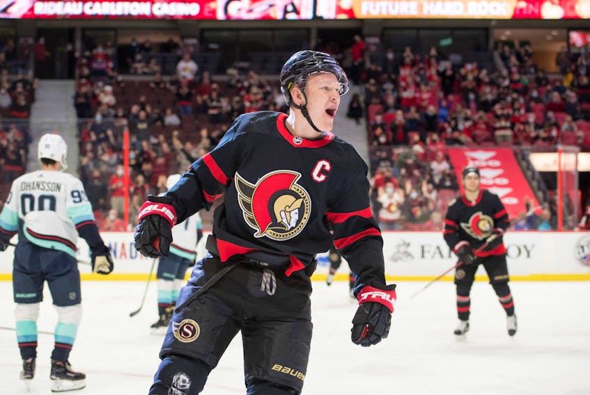 Current Ottawa Senators captain Brady Tkachuk (pictured) says he had "a very good (chat)" with former captain Daniel Alfredsson over lunch on April 15.
