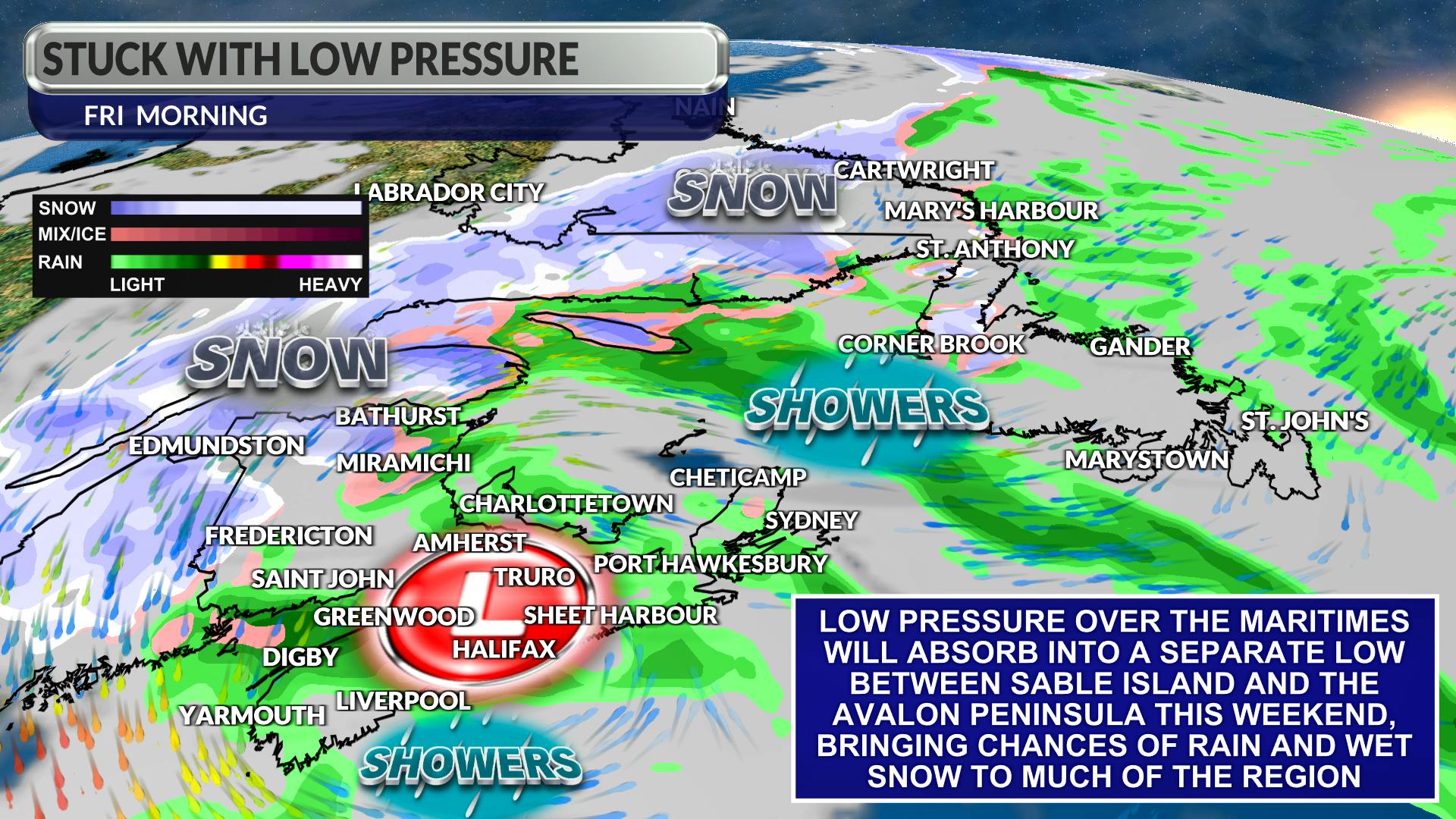 Stalled low-pressure will bring plenty of clouds and chances of precipitation through the upcoming weekend.