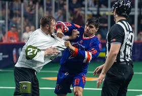 Halifax Thunderbirds young defenceman Nonkon Thompson gets into a spirited fight with the Rochester Knighthawks’ Tyler Halls during a National Lacrosse League game April 1 at Scotiabank Centre. - TREVOR MacMILLAN / HALIFAX THUNDERBIRDS