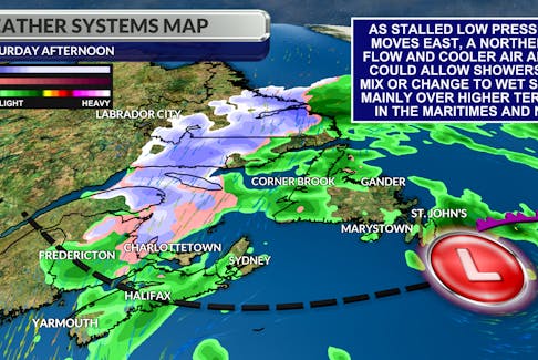 Wet snow or flurries will mix with rain showers over parts of Atlantic Canada this weekend.