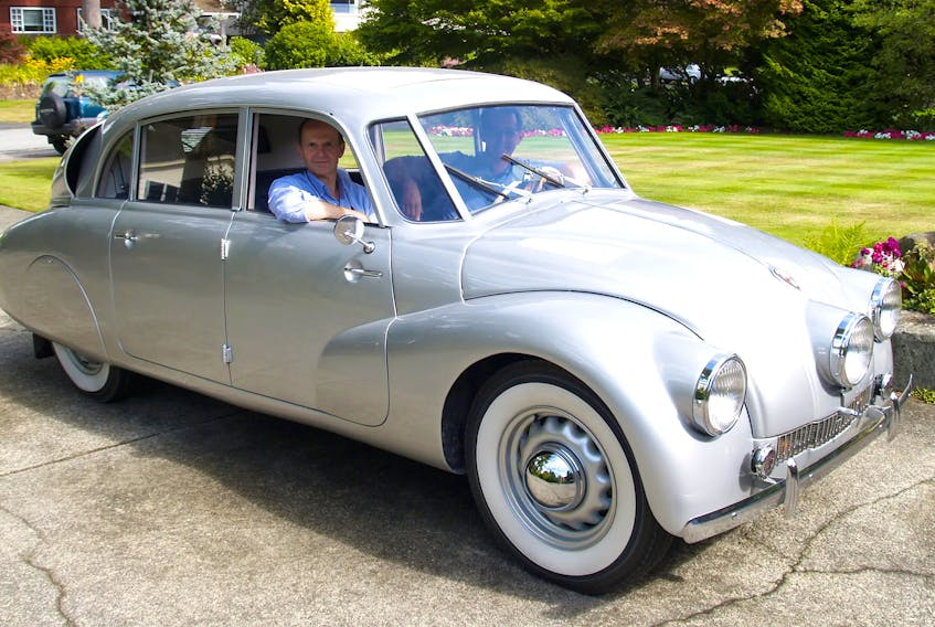 Author Garry Foster in the passenger seat of Gary Cullen’s remarkable Tatra T87, a car that’s featured in Foster’s book Chrome and Colour. Contributed photo