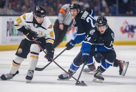 Nicholas Girouard of the Cape Breton Eagles, left, battles for the puck with Ryan Francis of the Saint John Sea Dogs during Quebec Major Junior Hockey League action at TD Station in Saint John, Friday. Saint John won the game 14-2. PHOTO CONTRIBUTED/MICHAEL HAWKINS, SAINT JOHN SEA DOGS.