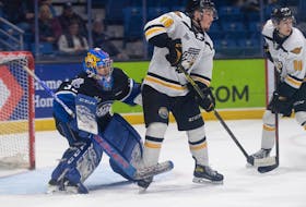 Carter McCluskey of the Cape Breton Eagles, right, stands in front of Saint John Sea Dogs goaltender Thomas Couture during Quebec Major Junior Hockey League action at TD Station in Saint John, Thursday. The Sea Dogs won the game 4-1. PHOTO CONTRIBUTED/MICHAEL HAWKINS, SAINT JOHN SEA DOGS.