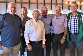 Former Montreal Canadiens’ great Guy Lafleur, third right, poses with former Canadiens, from left, Bob Gainey, Guy Carbonneau, Yvon Cournoyer, Guy LaFleur, Guy Lapointe and Serge Savard. The photo was taken during Lafleur’s 70th birthday party.