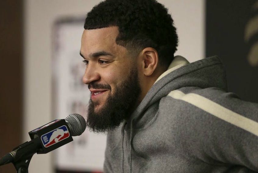 Toronto Raptors guard Fred VanVleet speaks to the media about the injuries that hampered him on their locker clean out day at the OVO Athletic Centre. n Toronto, Ont. on Friday April 29, 2022.  