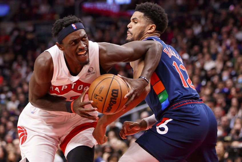 Pascal Siakam of the Toronto Raptors drives against Tobias Harris of the Philadelphia 76ers during Game 6 of the Eastern Conference First Round at Scotiabank Arena on April 28, 2022 in Toronto.