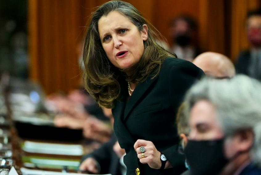 Minister of Finance Chrystia Freeland stands during question period in the House of Commons on Parliament Hill in Ottawa on Tuesday, March 29, 2022. THE CANADIAN PRESS/Sean Kilpatrick 
