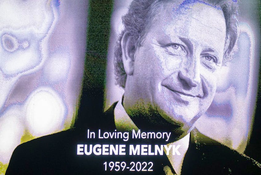  A special video tribute and a chair in his box that sat empty, surrounded by flowers, was a special tribute for the late Eugene Melnyk, Sunday April 3, 2022, at the Ottawa Senators home game against the Detroit Red Wings.