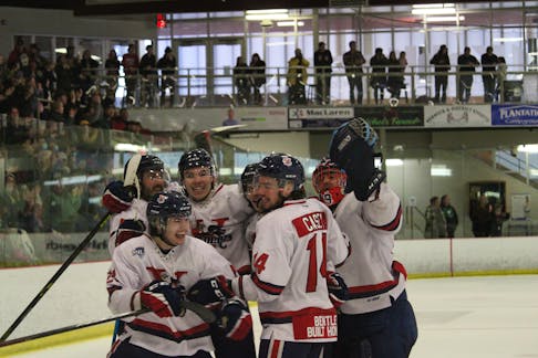 Valley Wildcats forward Blake Deacon, front, celebrates with his teammates after scoring the insurance goal into an empty net with 21 seconds remaining April 3 as the Wildcats defeated the Yarmouth Mariners 4-2 in Berwick. The win clinched the Maritime Junior Hockey League series in six games for the Wildcats, who advance to the league semifinal for the first time since 2015. “It’s been a long time since we had a Valley Wildcats team in the playoffs in the junior A (league) then to beat Yarmouth, who was the first seed in our division, I think it was unbelievable,” said goalie Antoine Lyonnais.